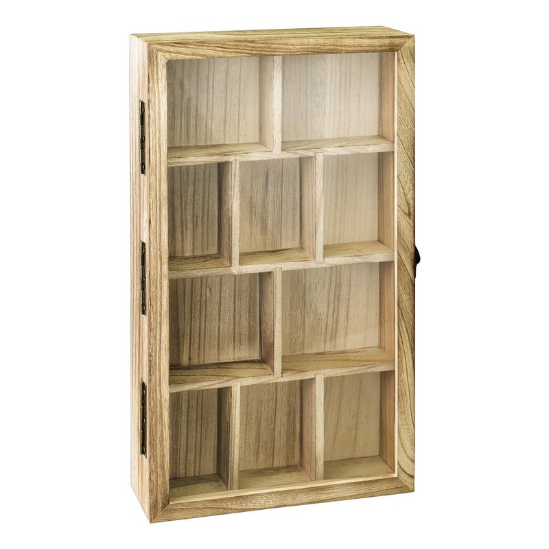 Ikee Design Wooden Collection Display Case with Hinged and Clear Tempered Glass Top, Wall Mounted 10 Slots Wood Display Storage Box for Mini Figures, Collections, Essential Oils, Oak Color - Image 4